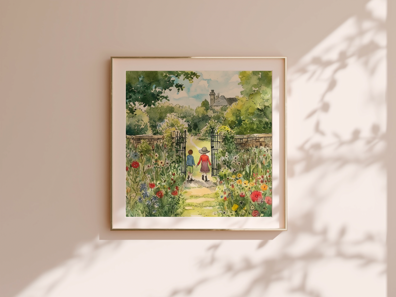 Arte mural de jardín de flores secreto, ilustración de acuarela floral cottagecore, impresión digital, imprimible de paisaje campestre caprichoso, descarga instantánea