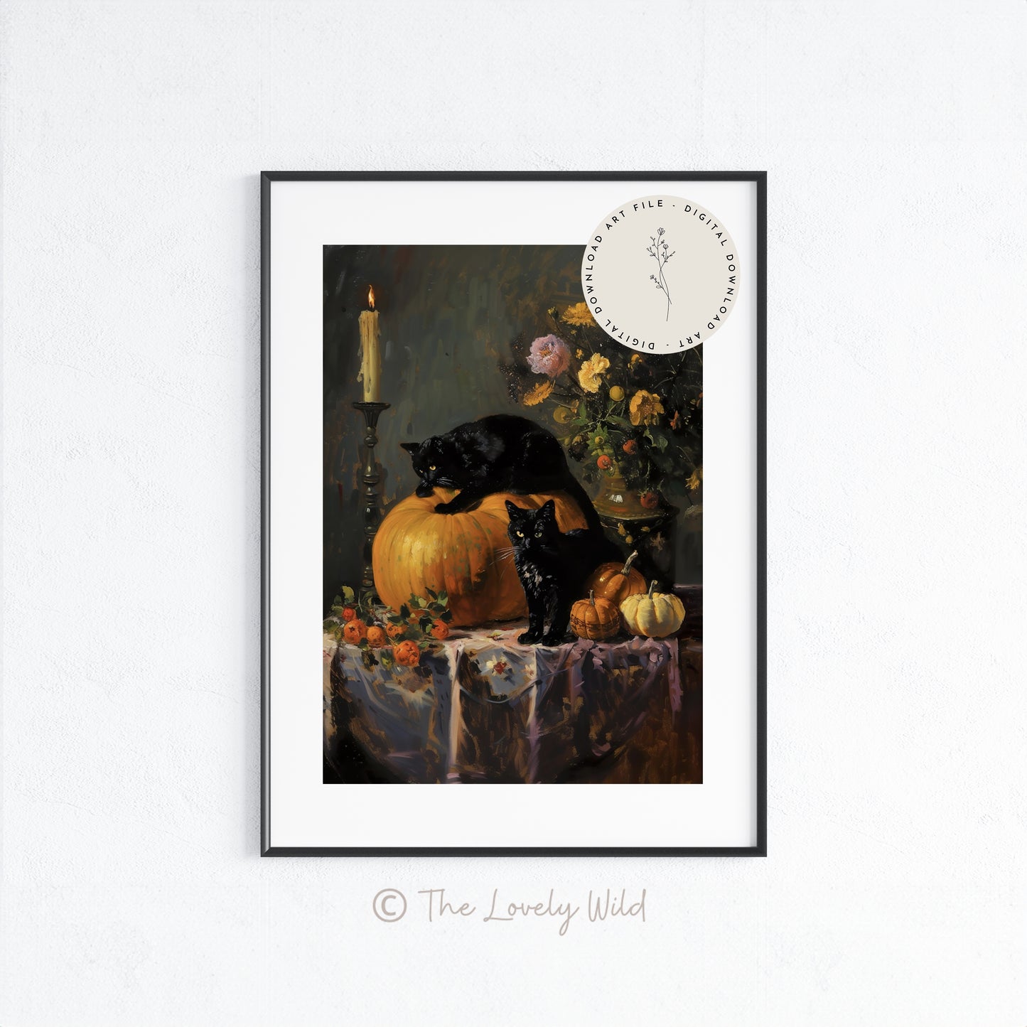Arte de pared con calabazas de gato negro otoñal, impresiones artísticas de decoración gótica de Dark Academia, imprimibles de Halloween, descarga digital de naturaleza de temporada de brujas espeluznantes