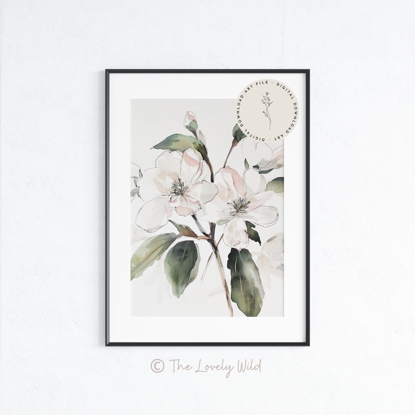 Arte de pared con delicadas flores de manzano en acuarela, ilustración botánica de estilo cottagecore para imprimir, impresión de obras de arte florales, descarga digital