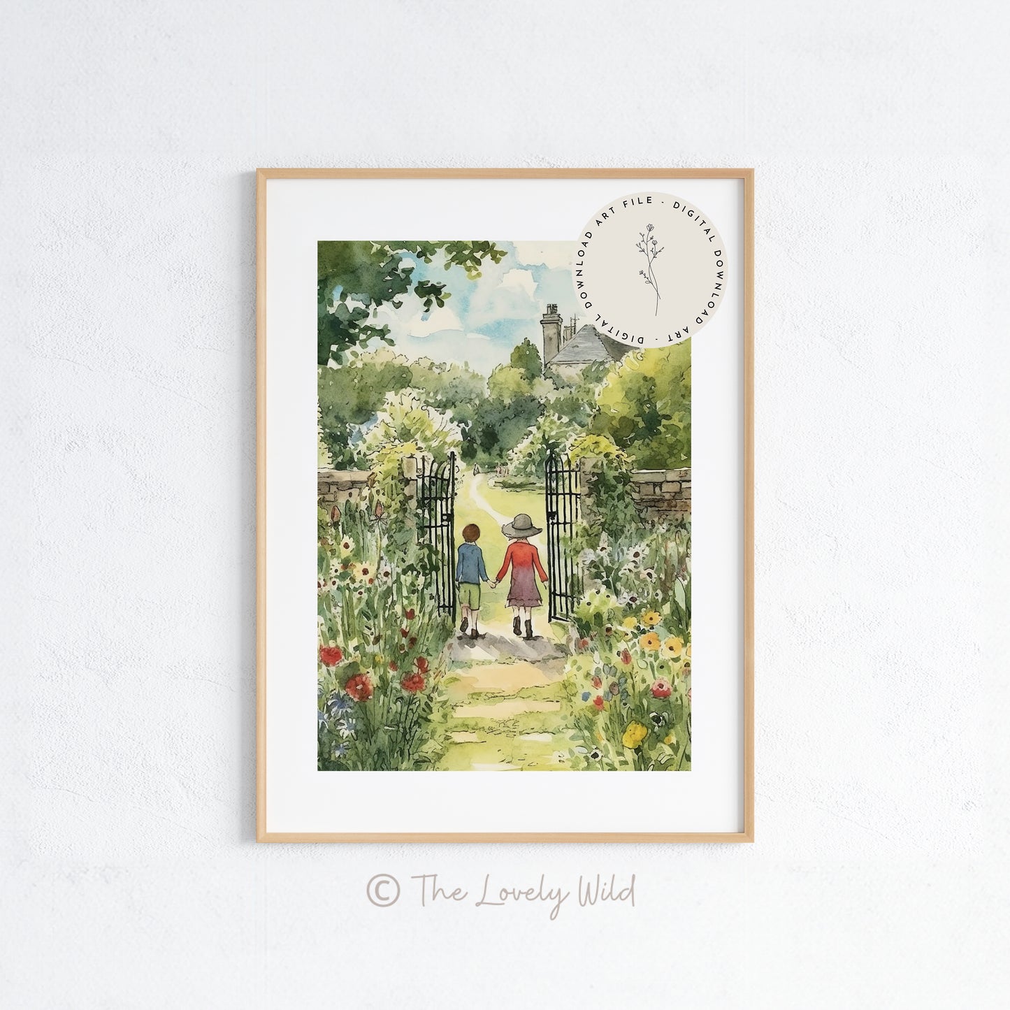 Arte mural de jardín de flores secreto, ilustración de acuarela floral cottagecore, impresión digital, imprimible de paisaje campestre caprichoso, descarga instantánea