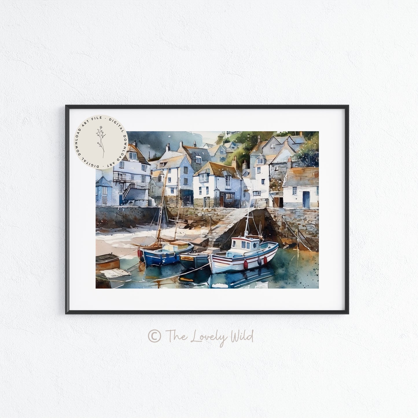 Impresión de ilustración de acuarela de Cornualles, pintura de Cornualles del puerto de Polperro, arte mural costero británico, muelle de barco de playa, descarga digital instantánea