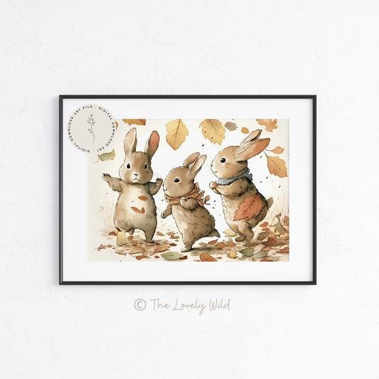 Lapins d'automne, feuilles d'automne, art mural, impressions d'art de chambre d'enfant douces, imprimables de la faune britannique à l'aquarelle, téléchargement numérique instantané