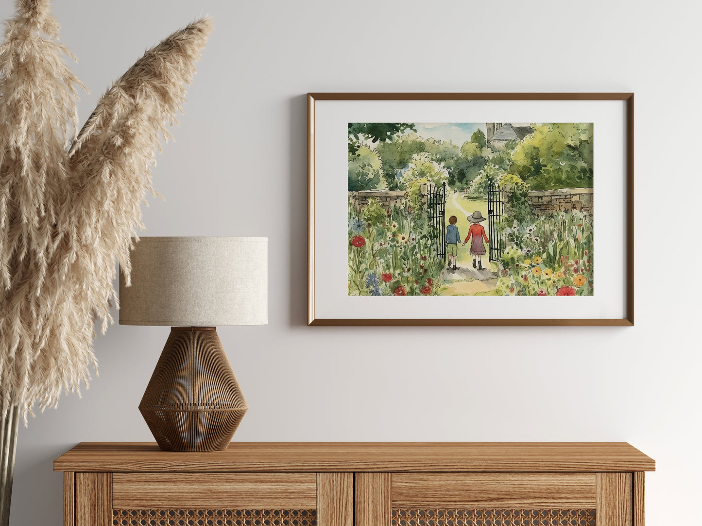 Arte mural de jardín de flores secreto, ilustración de acuarela floral cottagecore, impresión digital, imprimible de paisaje campestre caprichoso, descarga instantánea