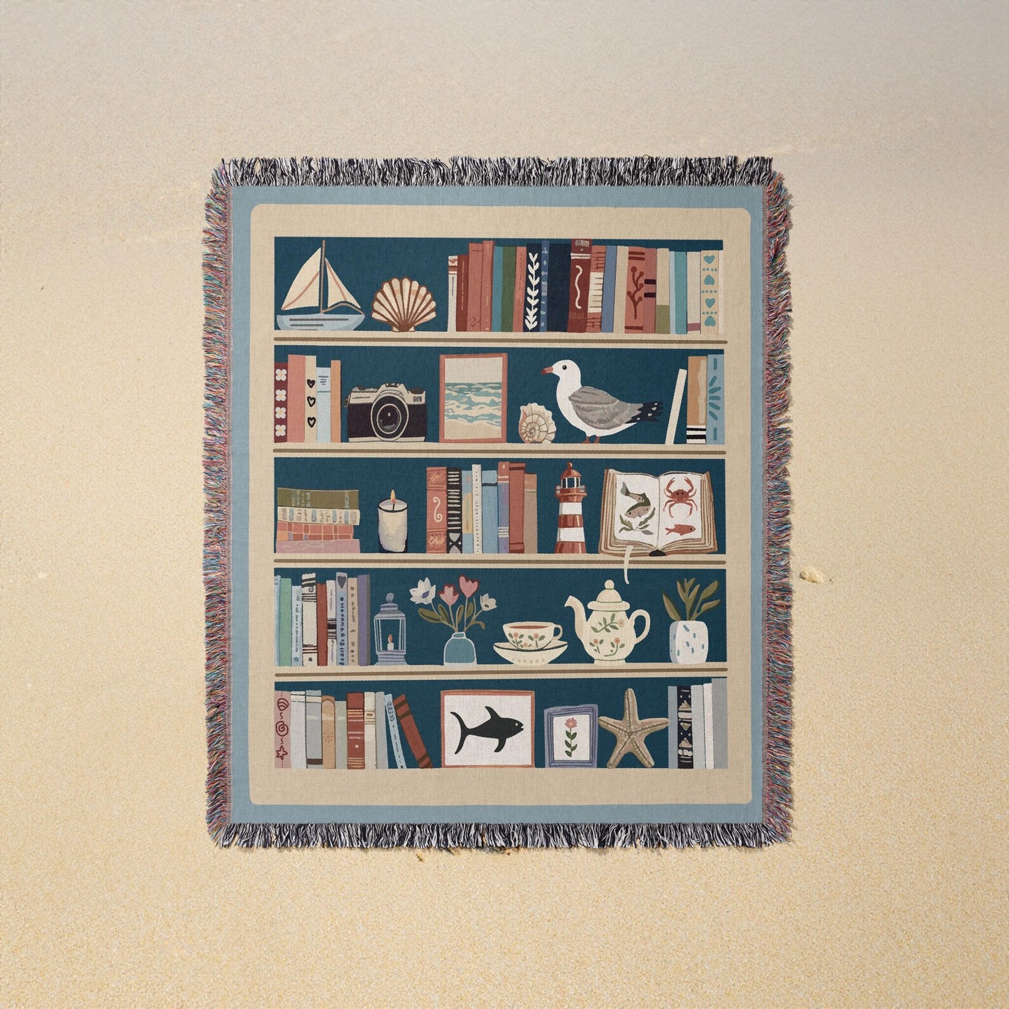 Coastal Cottage-Core Bookcase - Woven Blanket