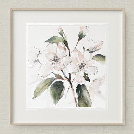 Watercolor Delicate Apple Blossom Flower Wall Art, Cottagecore Botanical Illustration Printable, Floral Artwork Print, Digital Download