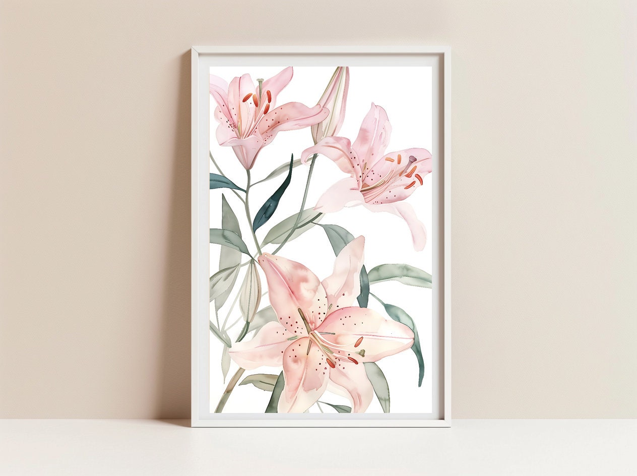 Watercolor Pink Lily Flowers Wall Art Cottage Print Cottagecore Botanical Decor Printable Countryside Floral Illustration Digital Download