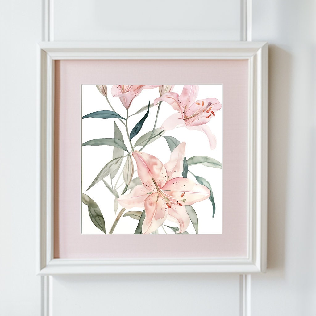 Watercolor Pink Lily Flowers Wall Art Cottage Print Cottagecore Botanical Decor Printable Countryside Floral Illustration Digital Download