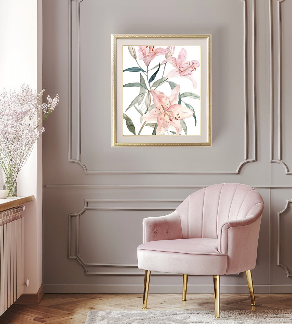 Watercolor Pink Lily Flowers Wall Art Cottage Print Cottagecore Botanical Decor Printable Countryside Floral Illustration Digital Download