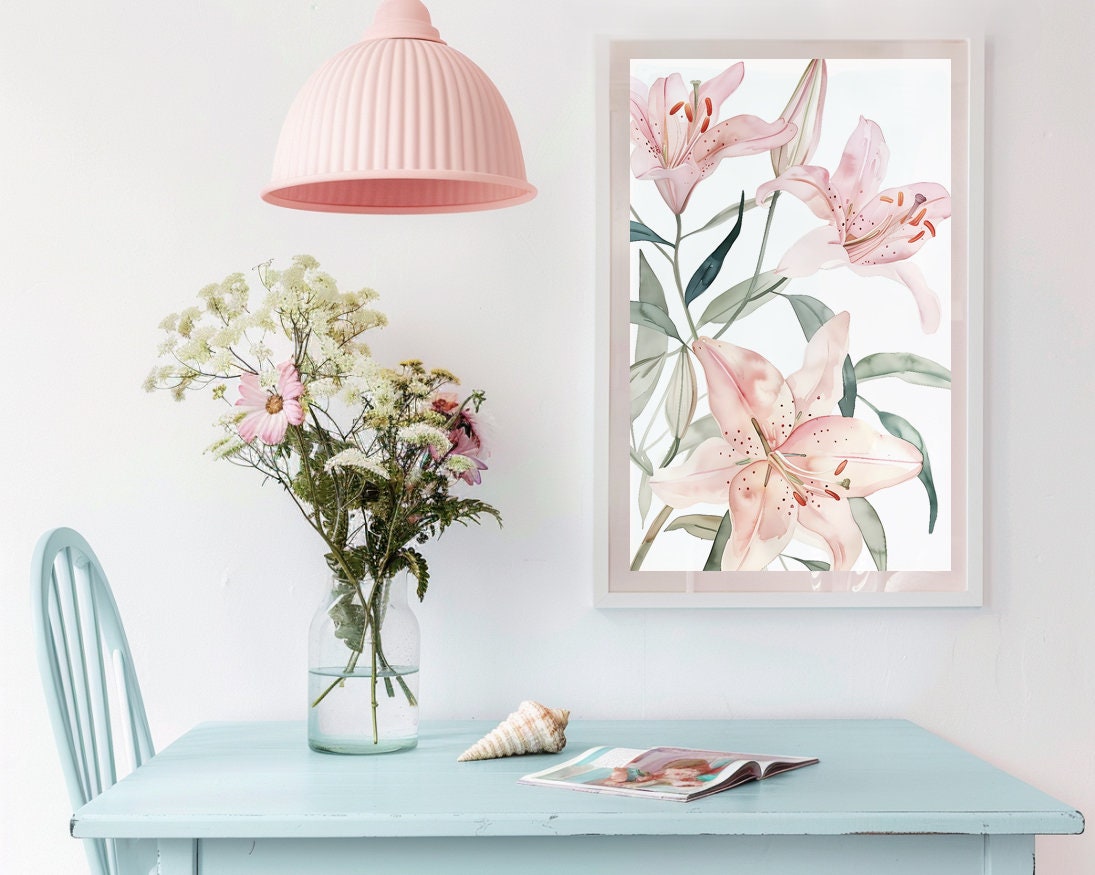 Watercolor Pink Lily Flowers Wall Art Cottage Print Cottagecore Botanical Decor Printable Countryside Floral Illustration Digital Download