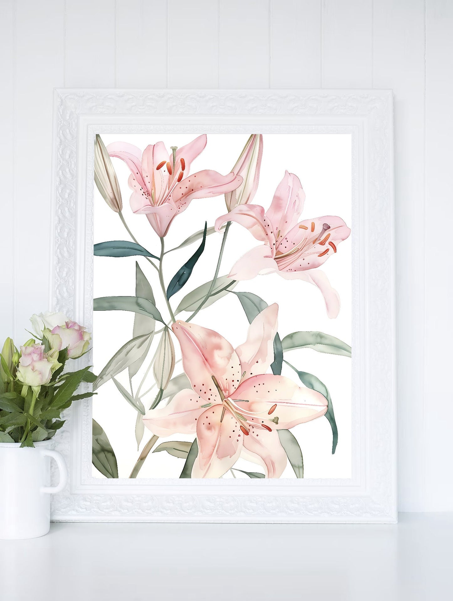 Watercolor Pink Lily Flowers Wall Art Cottage Print Cottagecore Botanical Decor Printable Countryside Floral Illustration Digital Download