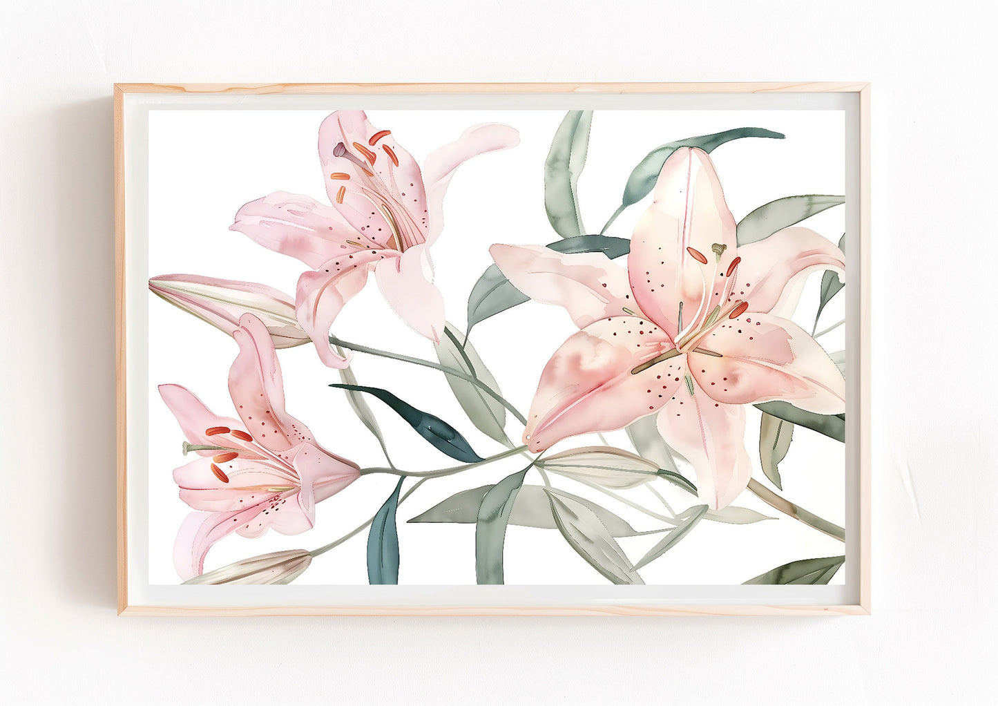 Watercolor Pink Lily Flowers Wall Art Cottage Print Cottagecore Botanical Decor Printable Countryside Floral Illustration Digital Download