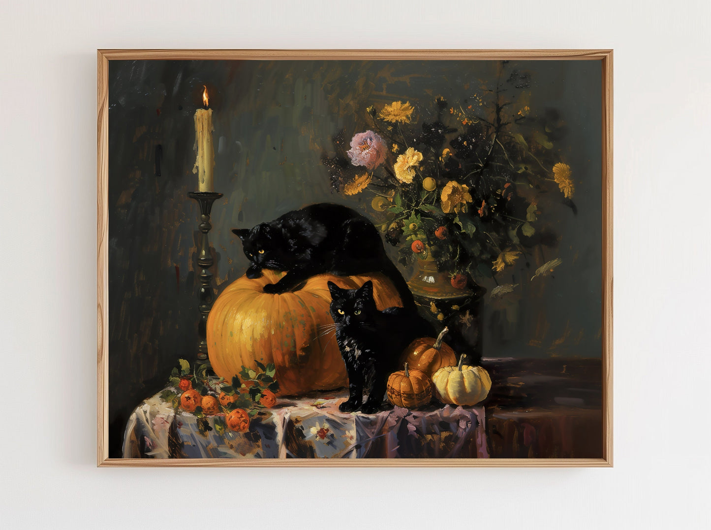 Autumnal Black Cat Pumpkins Wall Art, Dark Academia Gothic Decor Art Prints Halloween Printables Spooky Witch Season Nature Digital Download
