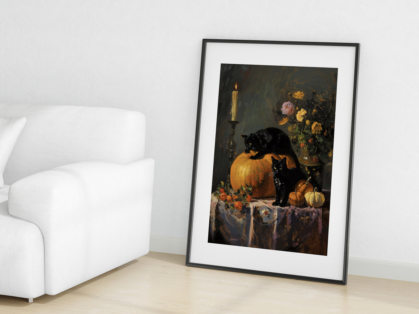 Autumnal Black Cat Pumpkins Wall Art, Dark Academia Gothic Decor Art Prints Halloween Printables Spooky Witch Season Nature Digital Download