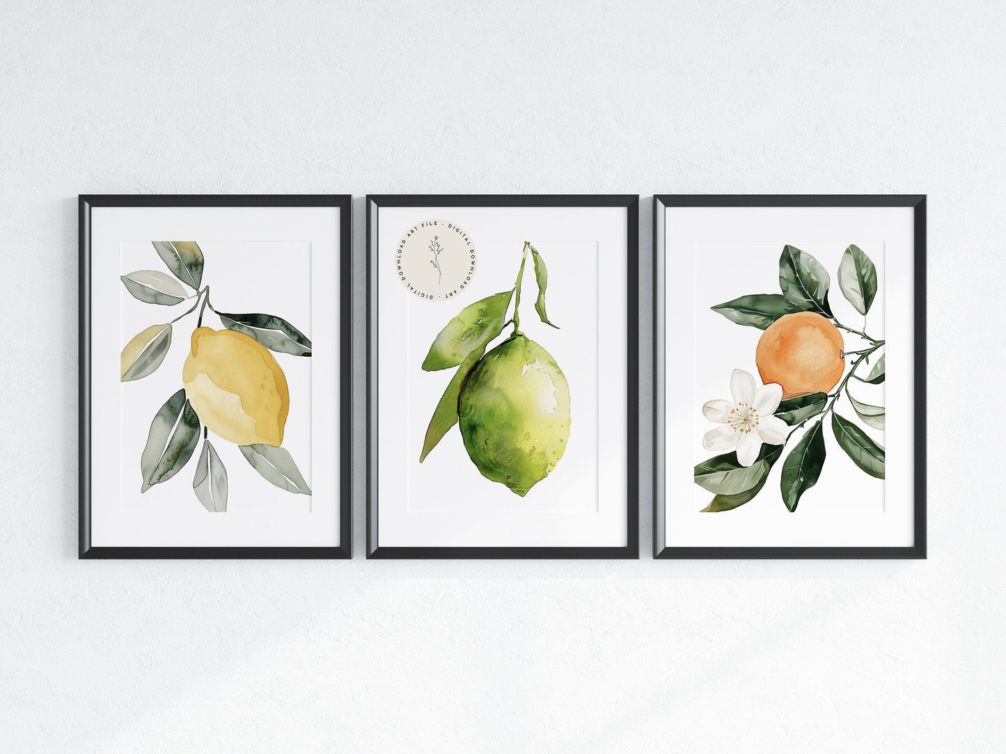 Ensemble de 3 aquarelles Citron Citron Vert Orange Art mural Cottagecore Illustration botanique Impression Nature Fruit Art Floral Agrumes Nourriture Téléchargement numérique