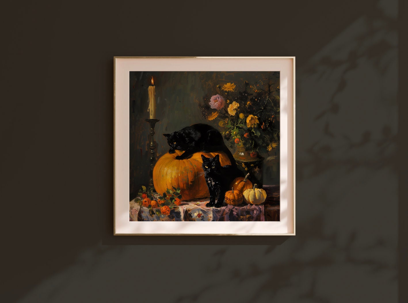 Autumnal Black Cat Pumpkins Wall Art, Dark Academia Gothic Decor Art Prints Halloween Printables Spooky Witch Season Nature Digital Download