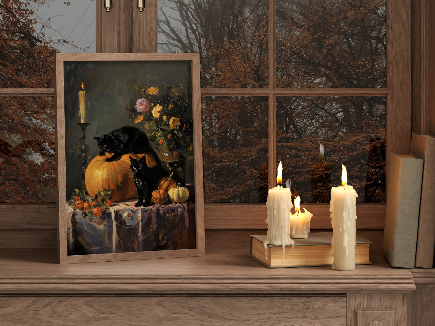 Autumnal Black Cat Pumpkins Wall Art, Dark Academia Gothic Decor Art Prints Halloween Printables Spooky Witch Season Nature Digital Download