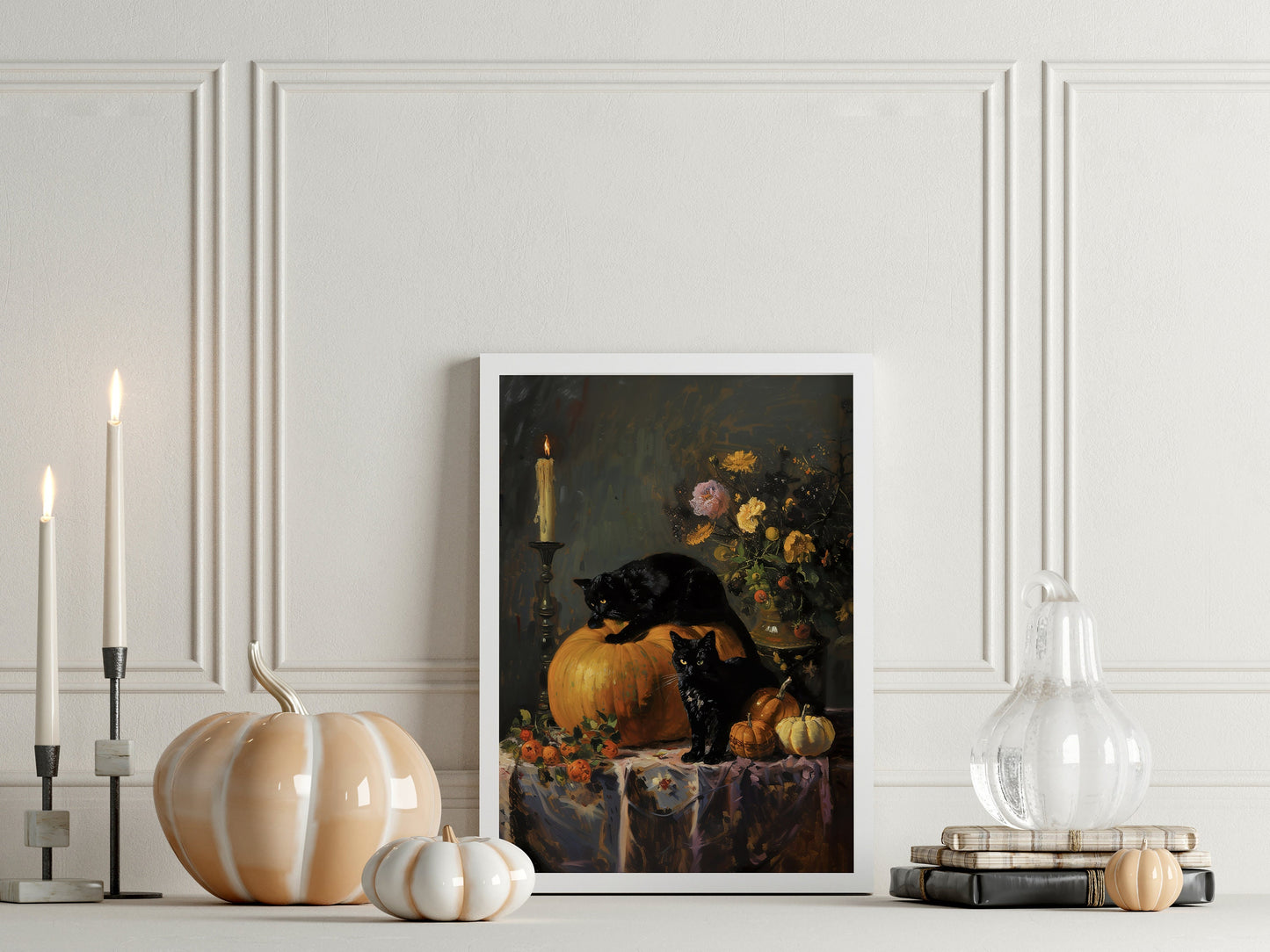 Autumnal Black Cat Pumpkins Wall Art, Dark Academia Gothic Decor Art Prints Halloween Printables Spooky Witch Season Nature Digital Download