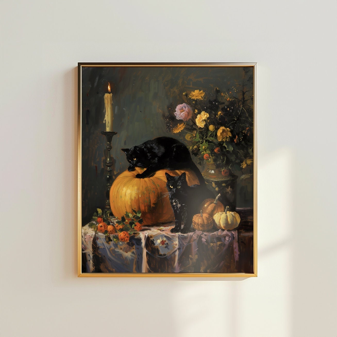 Autumnal Black Cat Pumpkins Wall Art, Dark Academia Gothic Decor Art Prints Halloween Printables Spooky Witch Season Nature Digital Download