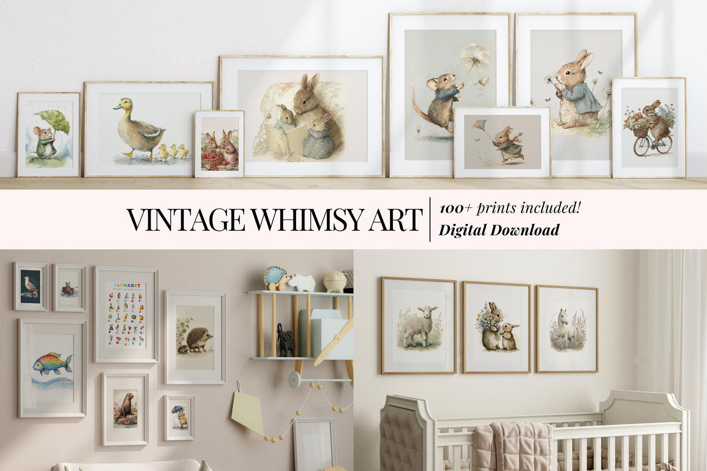 MEGA BUNDLE 100+ Wall Art, Vintage Bunny Softness Watercolor Art Prints Cottagecore Decor, Wildlife Mouse Illustration Digital Download
