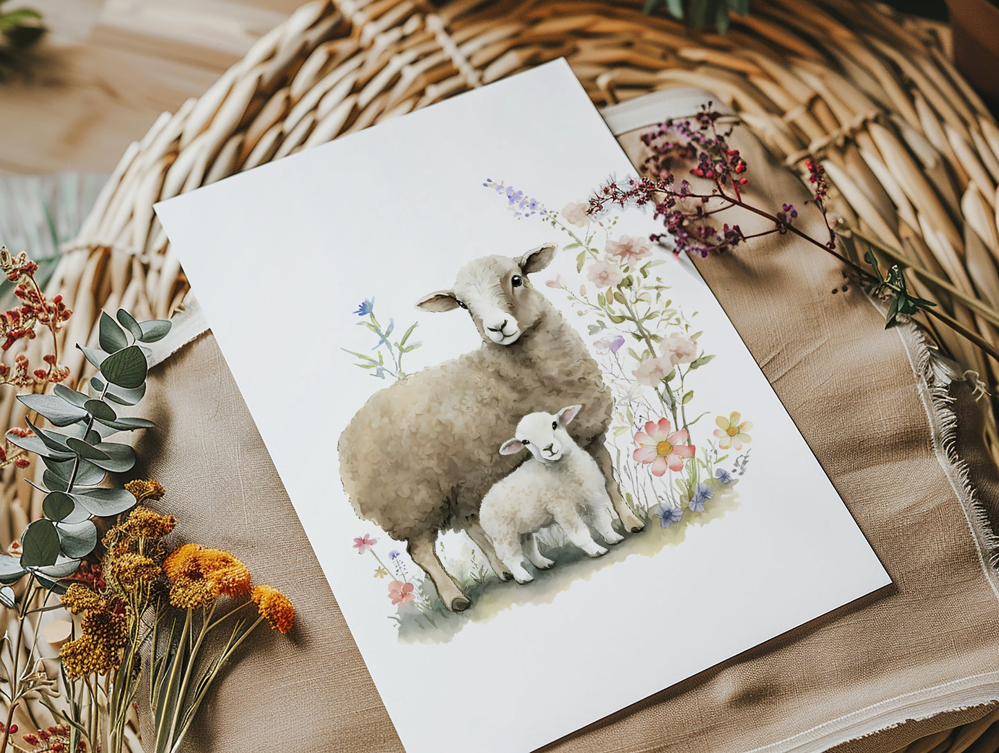 Mother Sheep & Little Lamb - Premium Matte Paper Poster
