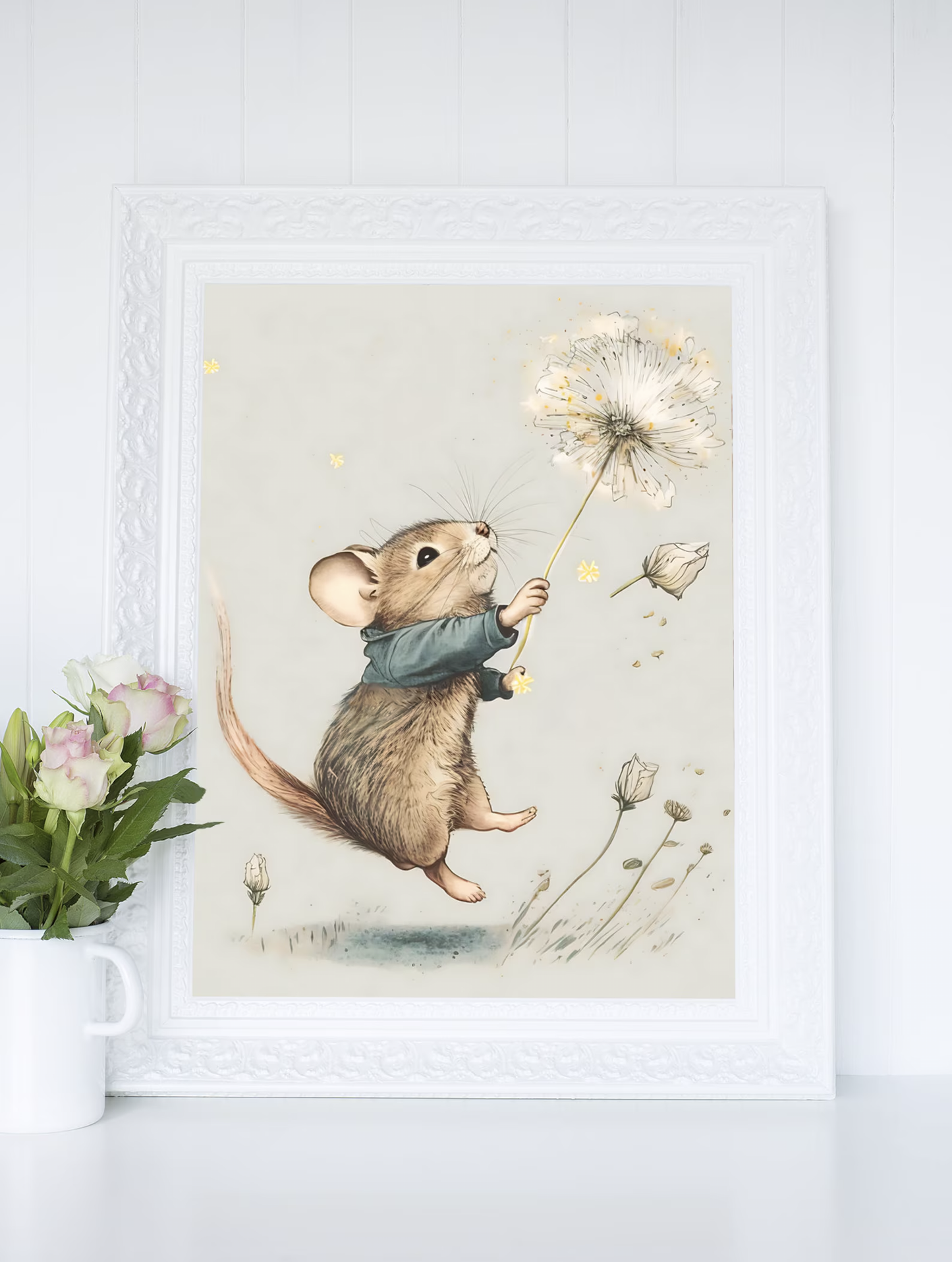 Mouse Flying with Dandelion - Premium Matte Paper Poster