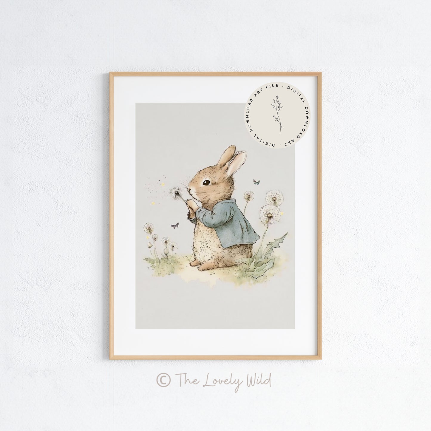 Bunny Rabbit with a Dandelion - Printable Digital Art