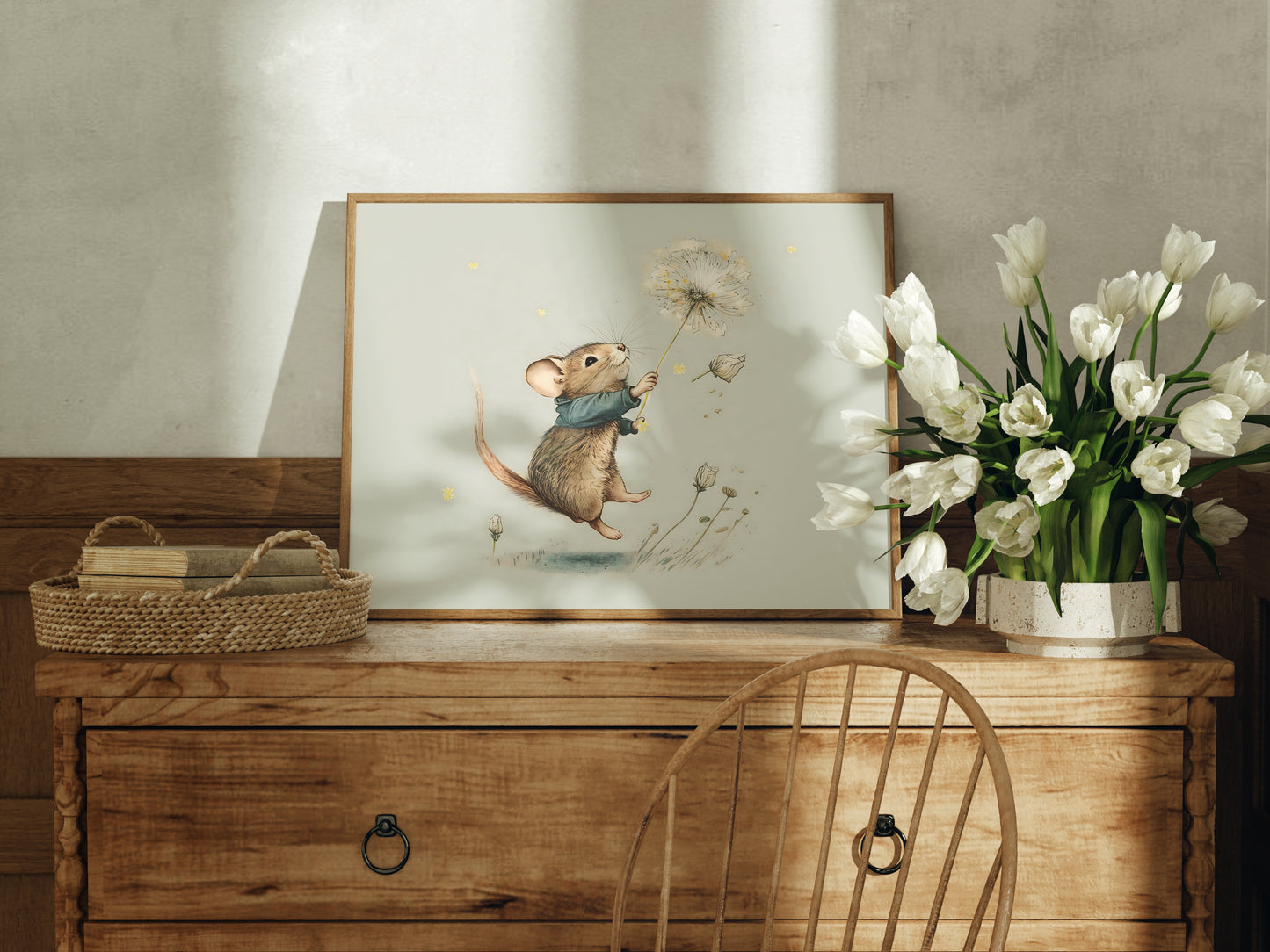 Mouse Flying with Dandelion - Premium Matte Paper Poster