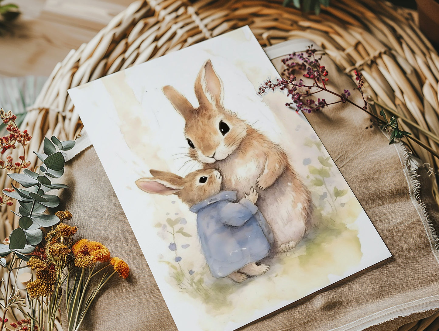 Mother and Baby Bunny Rabbits Hugging - Premium Matte Paper Poster