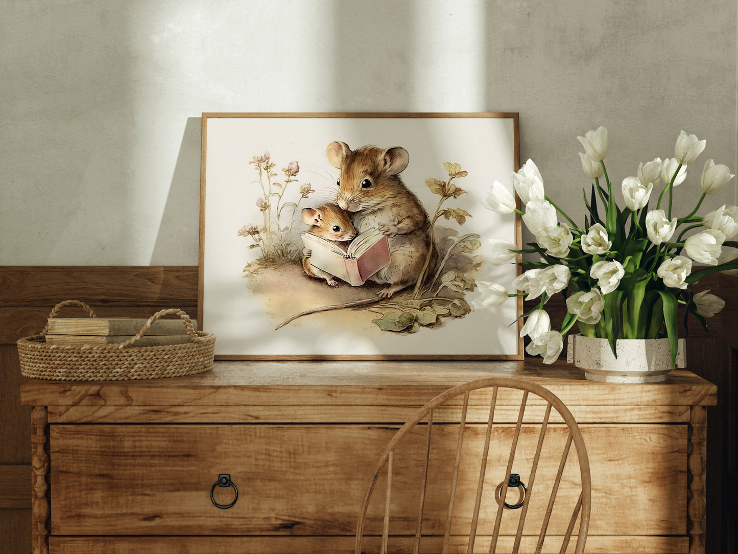 Field Mouse Mother & Baby Reading Wall Art - Printable Digital Art