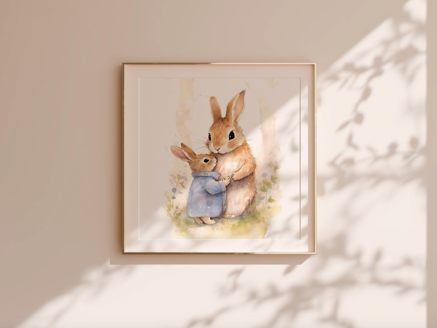 Mother and Baby Bunny Rabbits Hugging - Premium Matte Paper Poster