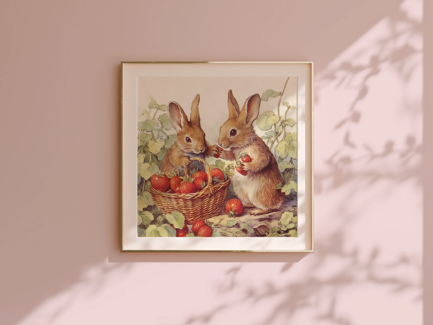 Bunny Rabbits Picking Strawberries - Printable Digital Art