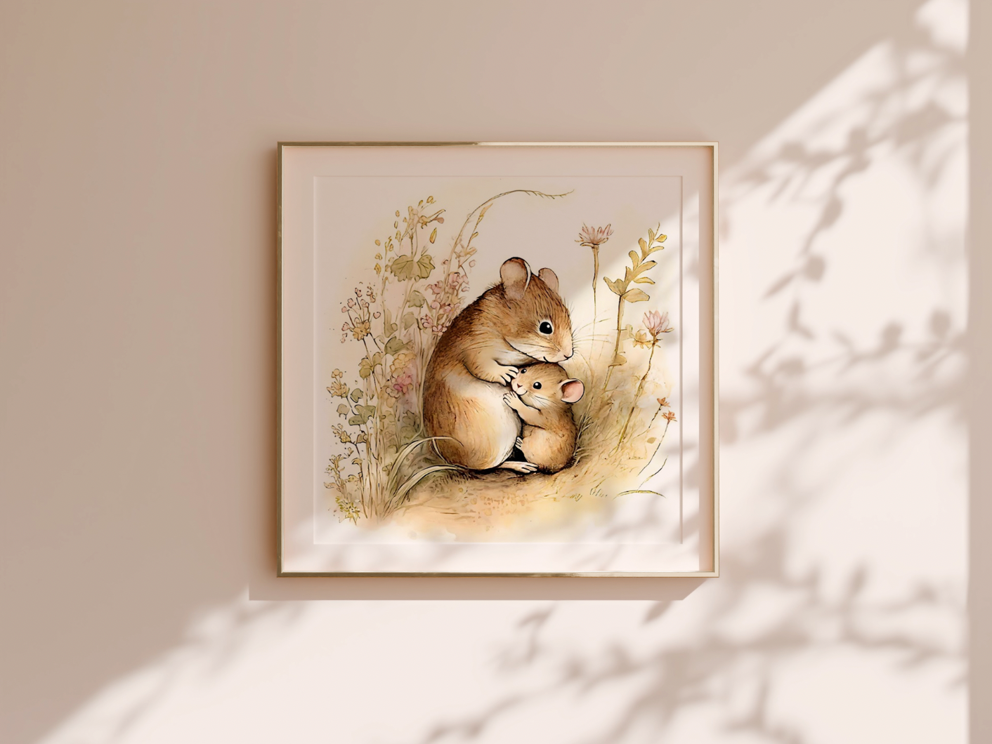 Loving Mother & Baby Field Mice - Printable Digital Art