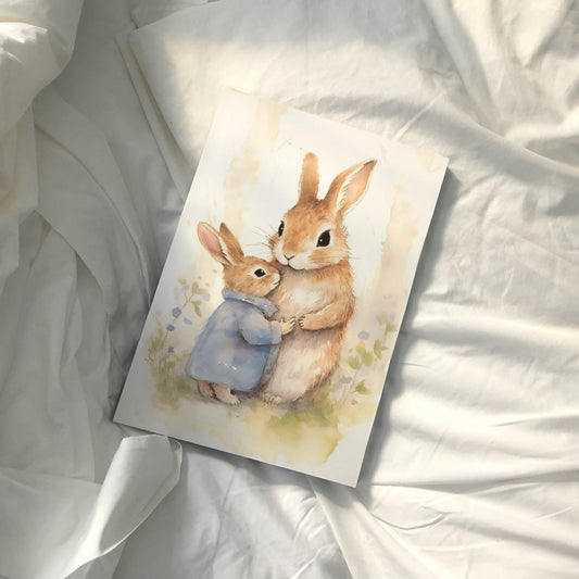 Mother and Baby Bunny Rabbits Hugging - Premium Matte Paper Poster