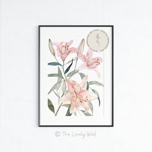 Watercolor Pink Lily Flowers - Printable Digital Art