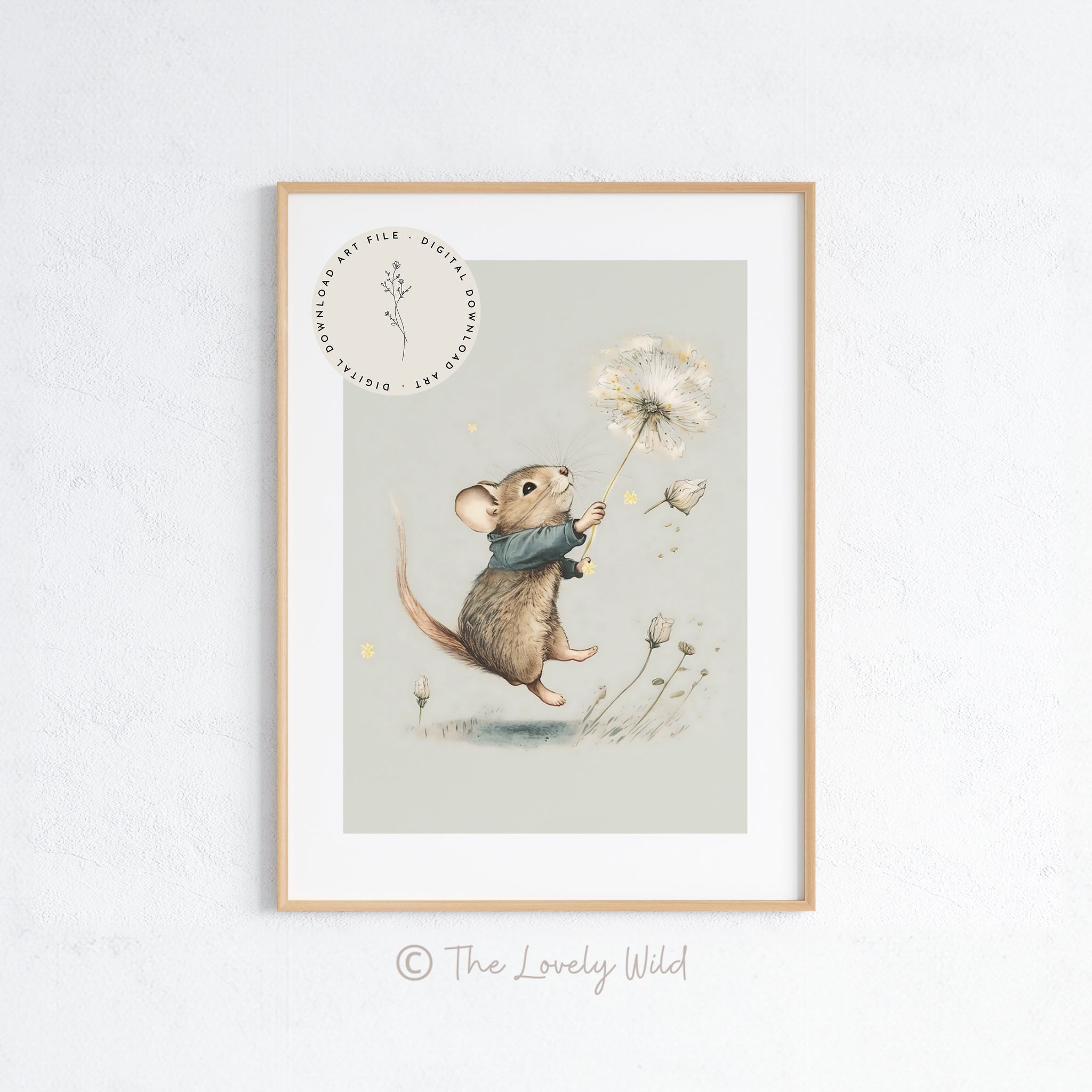 Mouse Flying with Dandelion - Printable Digital Art