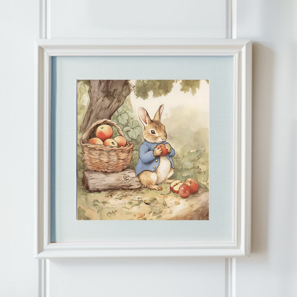 Bunny Rabbit Picking Apples - Printable Digital Art