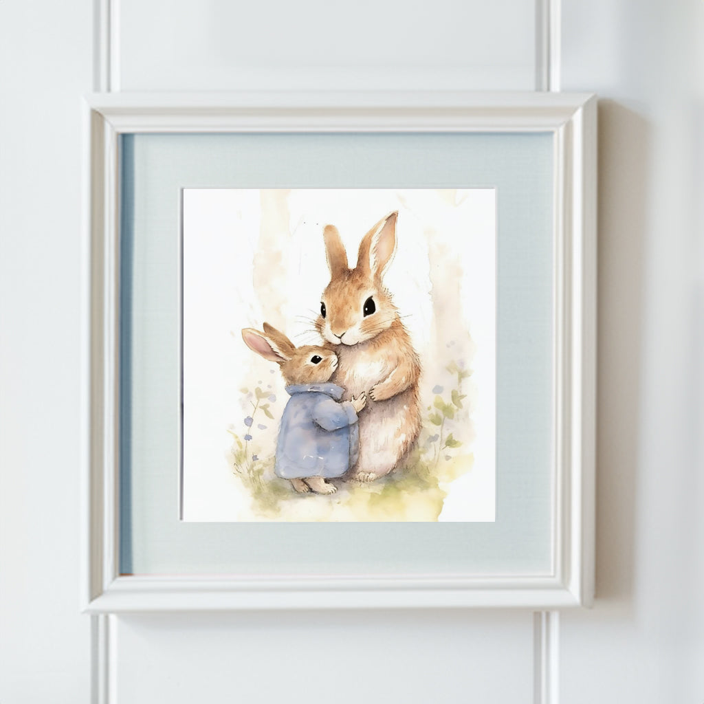 Mother and Baby Bunny Rabbits Hugging - Premium Matte Paper Poster