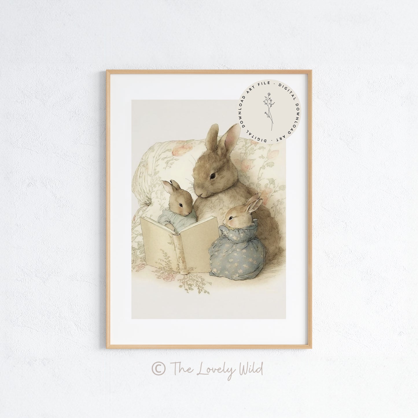 Mother Bunny Rabbit Reading to her Babies - Printable Digital Art