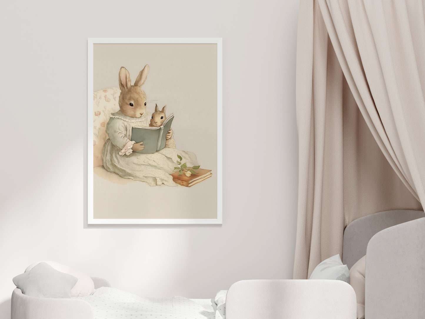 Mother Bunny Rabbit Reading To Baby - Printable Digital Art