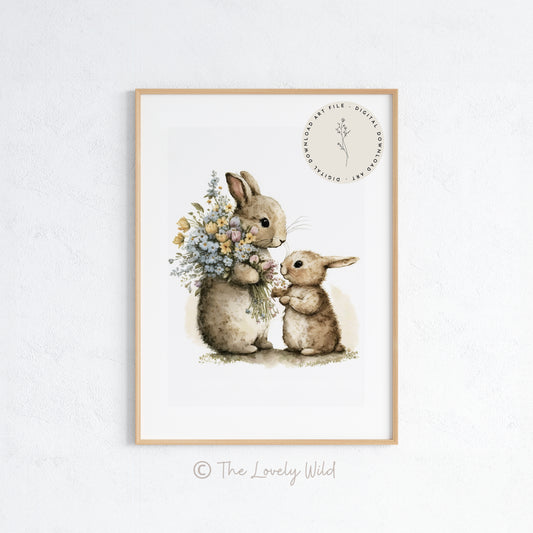 Baby and Mother Bunny - Printable Digital Art