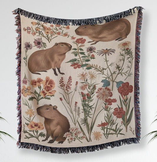 Cute Capybara Wildflowers - Woven Blanket