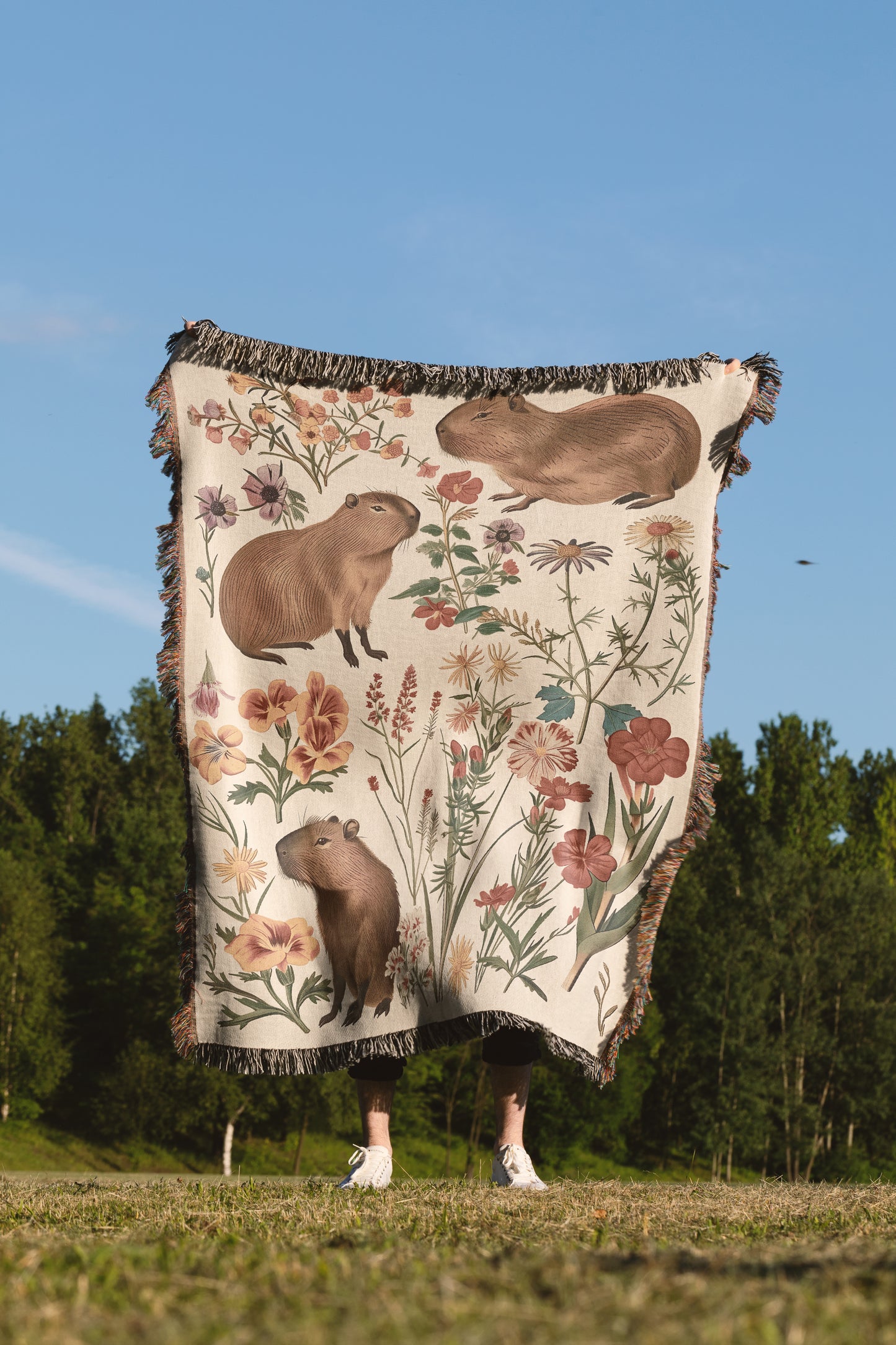 Cute Capybara Wildflowers - Woven Blanket