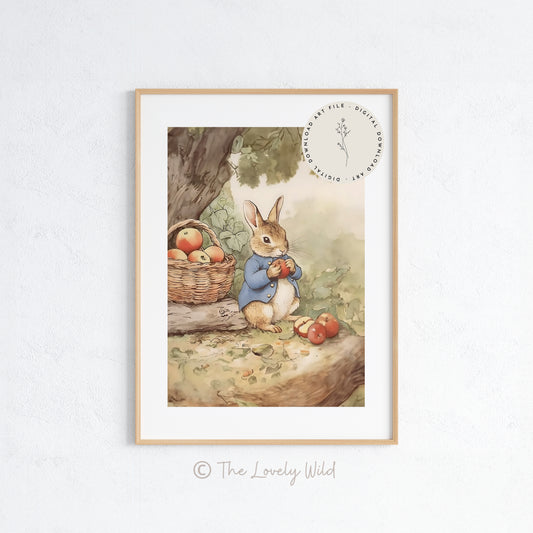 Bunny Rabbit Picking Apples - Printable Digital Art