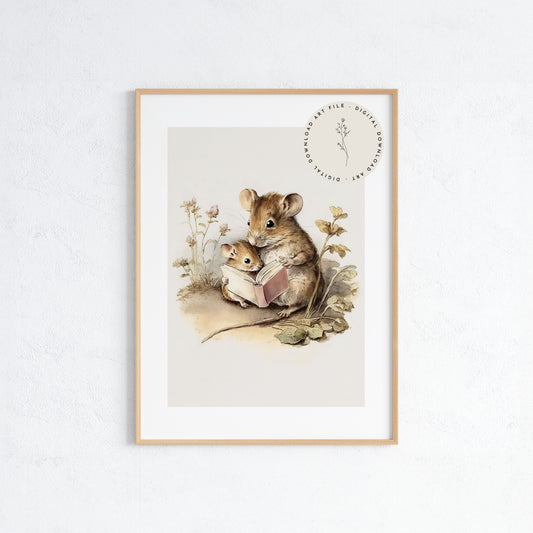 Field Mouse Mother & Baby Reading Wall Art - Printable Digital Art