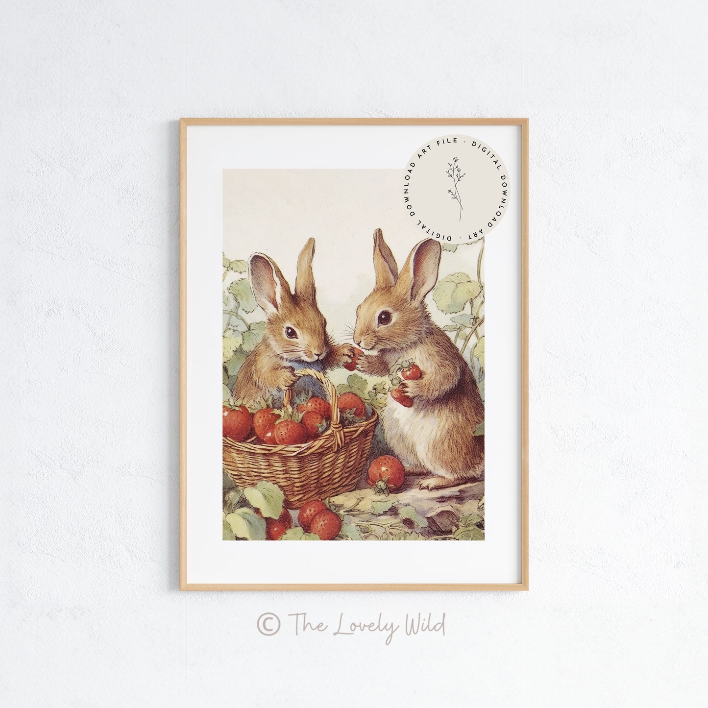 Bunny Rabbits Picking Strawberries - Printable Digital Art