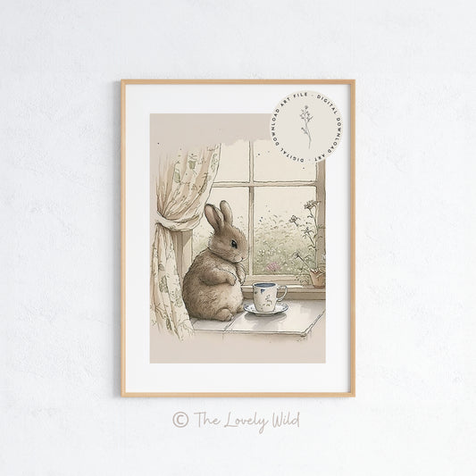 Bunny Rabbit at Tea Time - Printable Digital Art