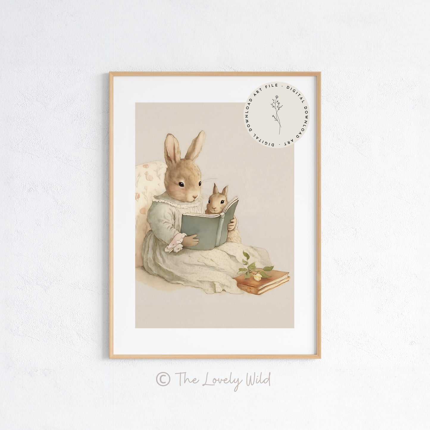 Mother Bunny Rabbit Reading To Baby - Printable Digital Art