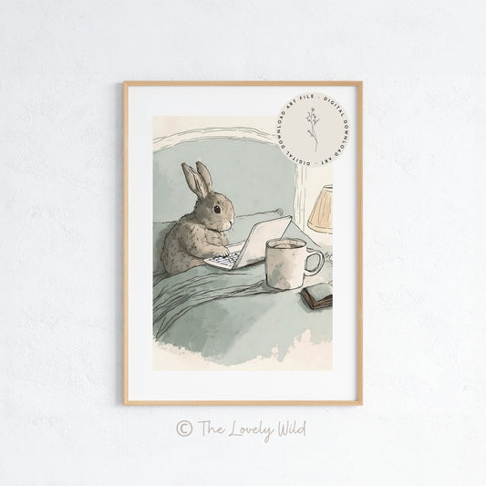 Bunny Rabbit Working From Home - Printable Digital Art