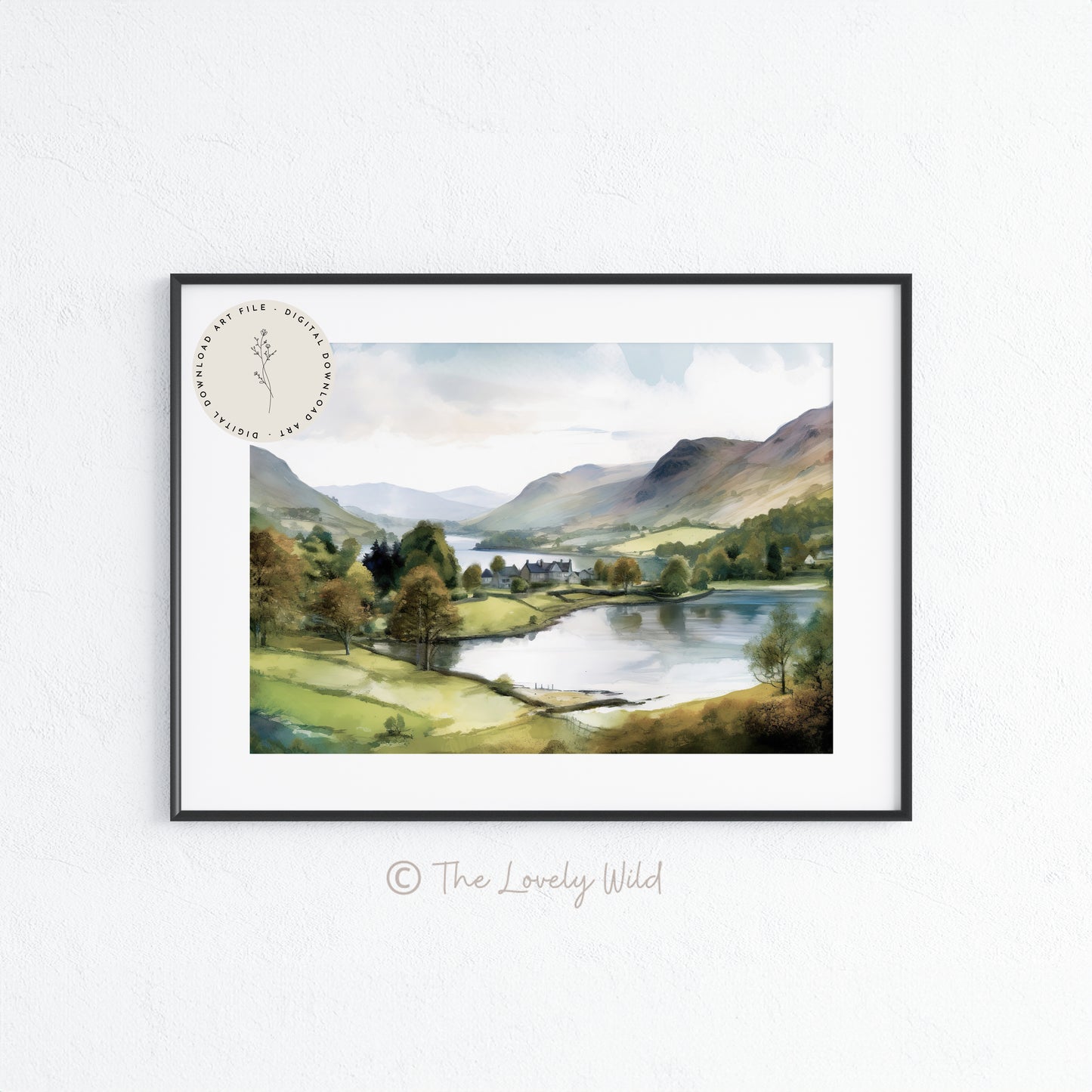 Art mural du Lake District d'Angleterre, campagne britannique imprimable, impression numérique de décoration Cottagecore, illustration aquarelle à télécharger instantanément