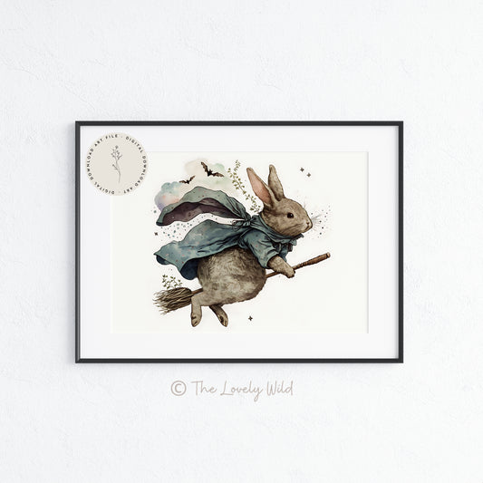 Bunny Rabbit Witch on a Broomstick - Printable Digital Art